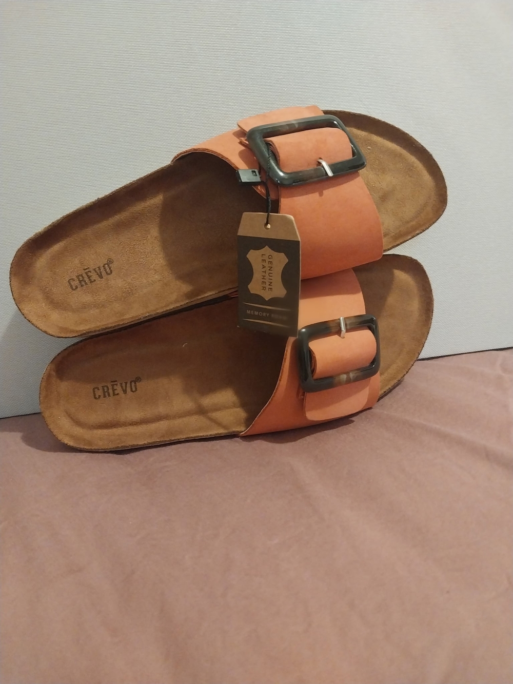CREVO Leather Buckle Slide Sandals - Orange